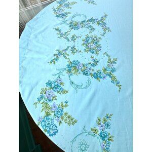 Vintage 70s flat/top sheet, Robin Egg blue,  floral arabesques at the top